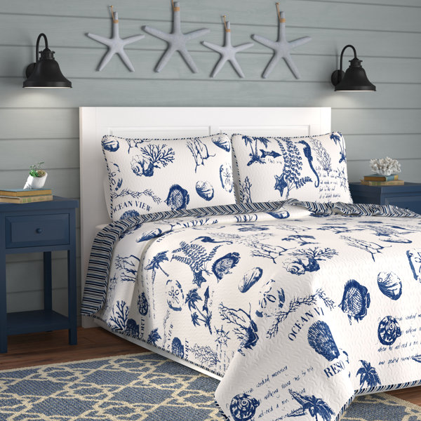 Ultra Soft Pre-washed Cotton Blue Gray White Nautical Coastal Whales Quilt Set 