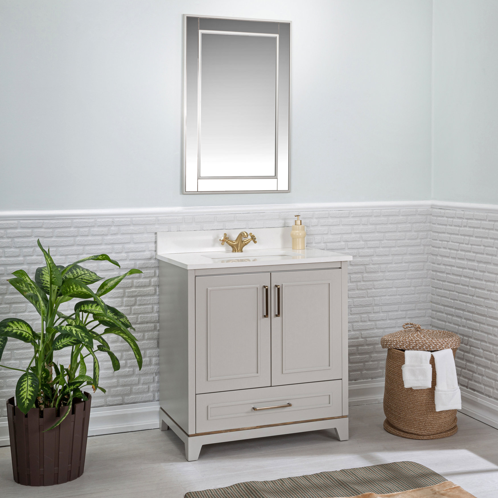 Adorn Vanity Albia 30'' Freestanding Single Bathroom Vanity with Quartz Vanity Top & Mirror