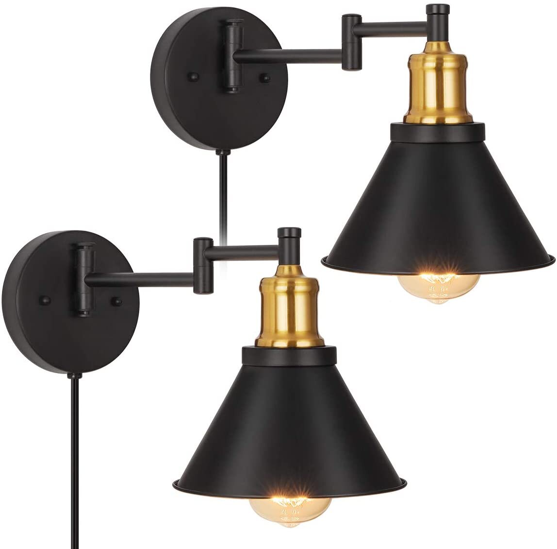 Set Of 2 Wall Light Metal Vintage Lamp Arm Swing Wall Lights Decoration Black 