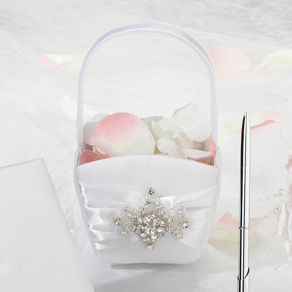 Ivory Satin Faux Pearl Bow Flower Girl Basket Wedding Ceremony Decorations 