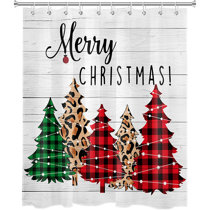 Christmas Ball Candy Cane Rustic Wood Plank Waterproof Fabric Shower Curtain Set 