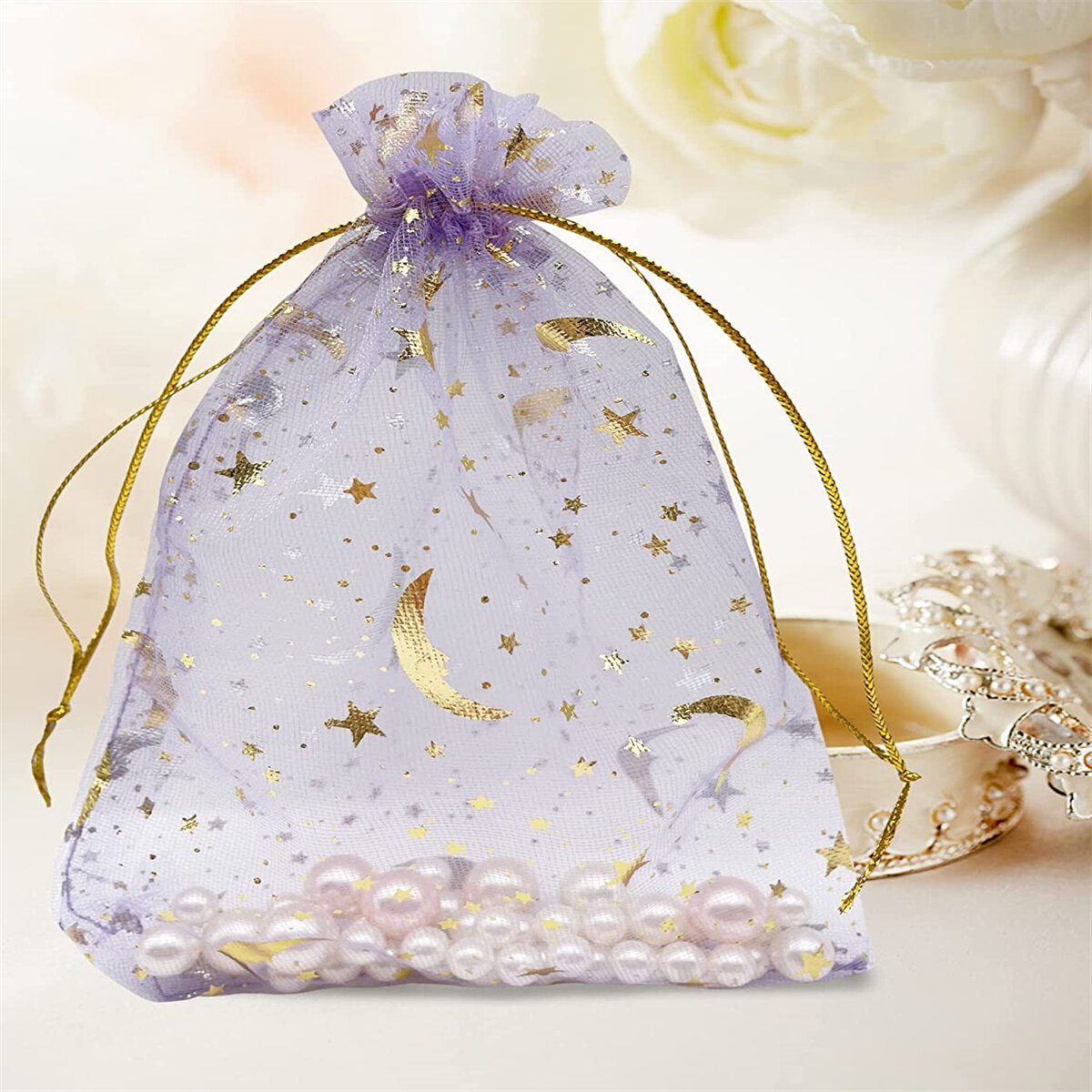 50 100 Star Moon Organza Gift Bags Wedding Jewelry Drawstring Party Pouches 