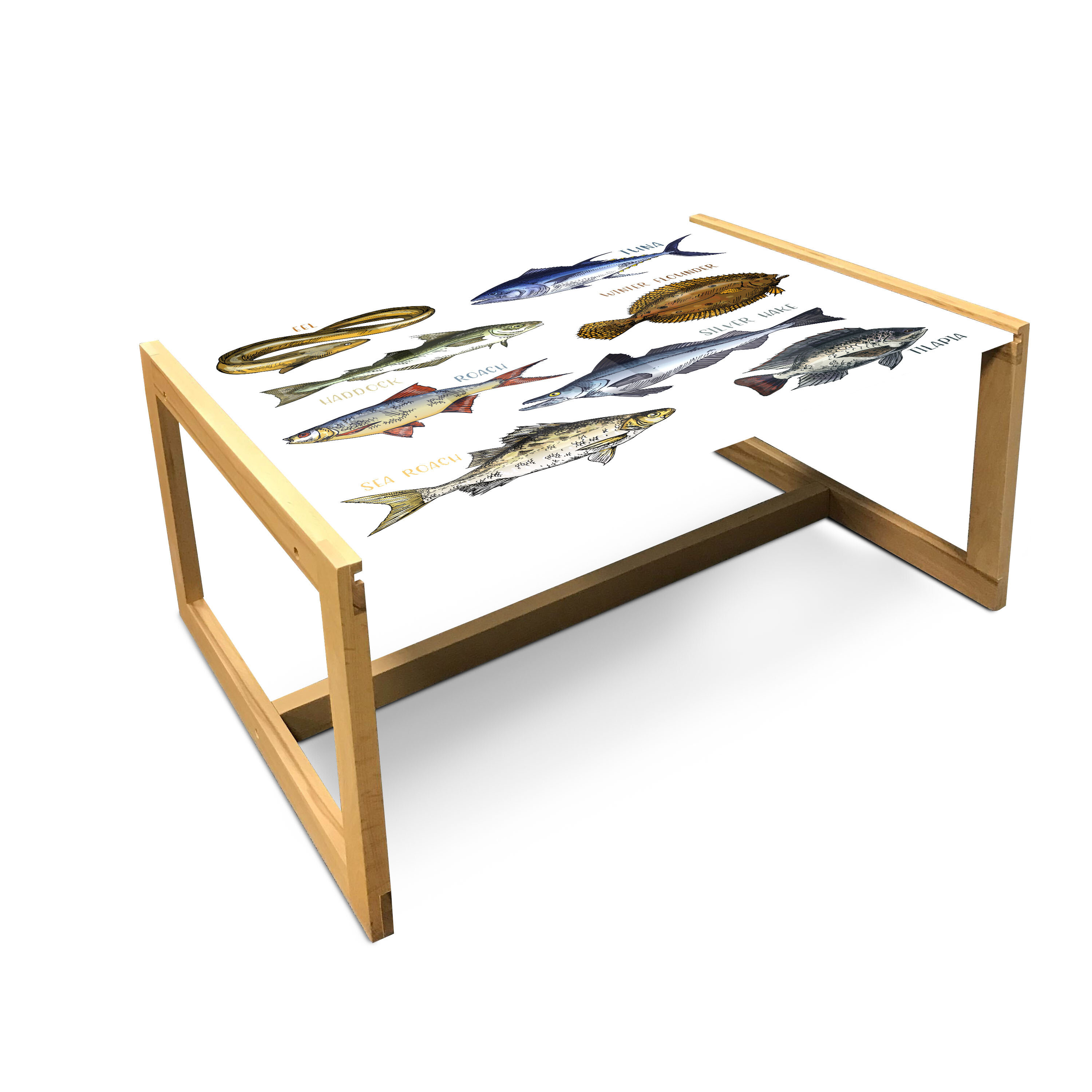 East Urban Home Fishing Theme Coffee Table, Various Fish Types Like Eel