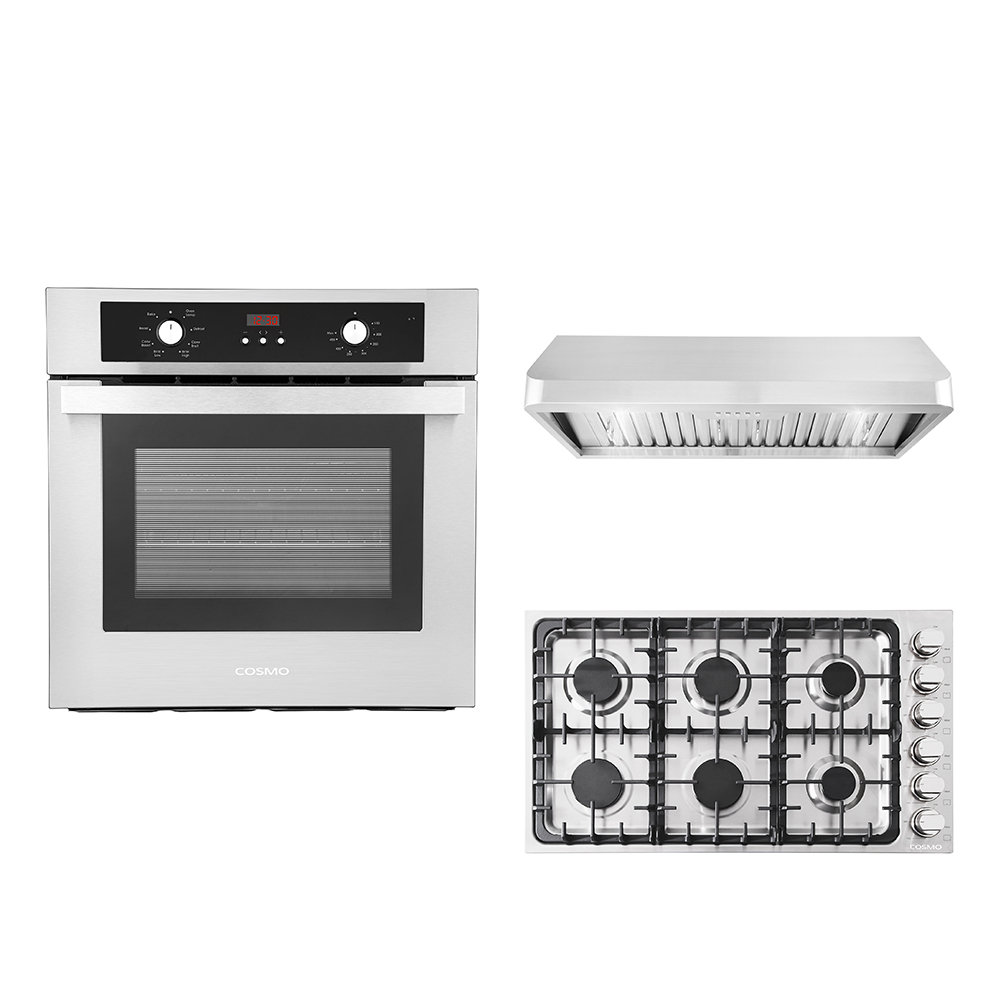 Cosmo 3 Piece Kitchen Appliance Package with 36'' Gas Cooktop , Wall