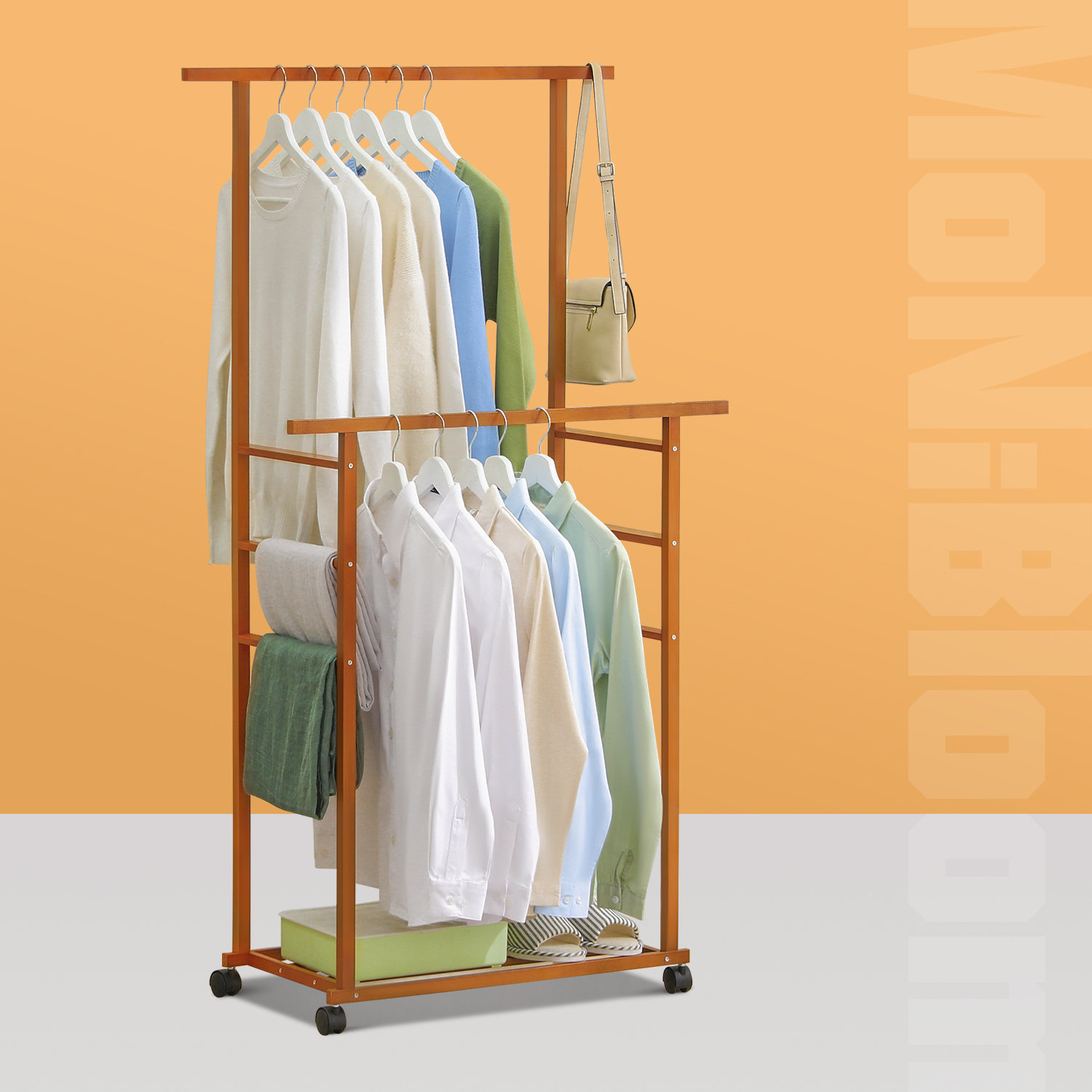 MoNiBloom Sliding Coat Rack, Wheeled Caster Clothes Storage Coat Stand