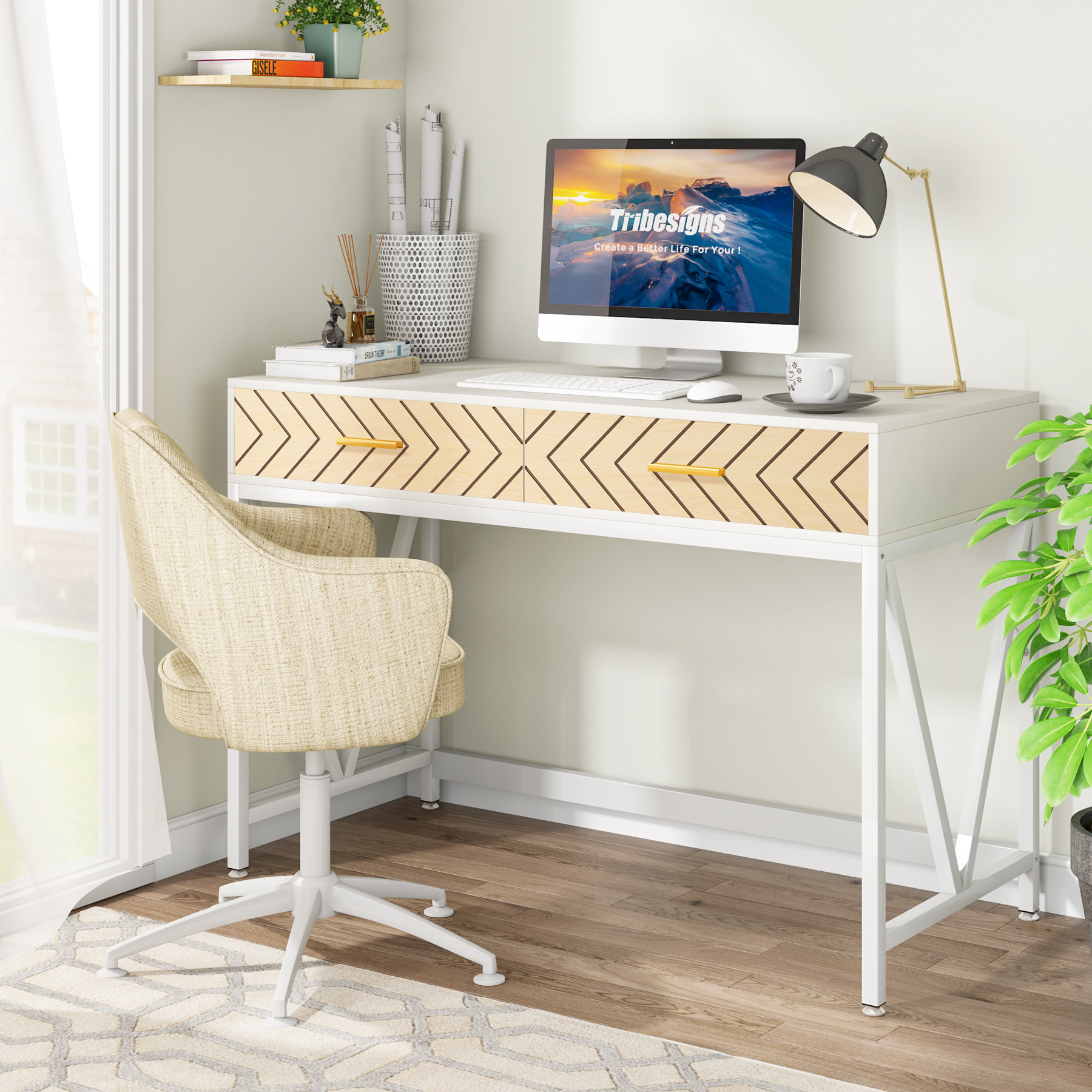Hokku Designs Adnel 47" Writing Desk with 2 Drawers, Modern White Study