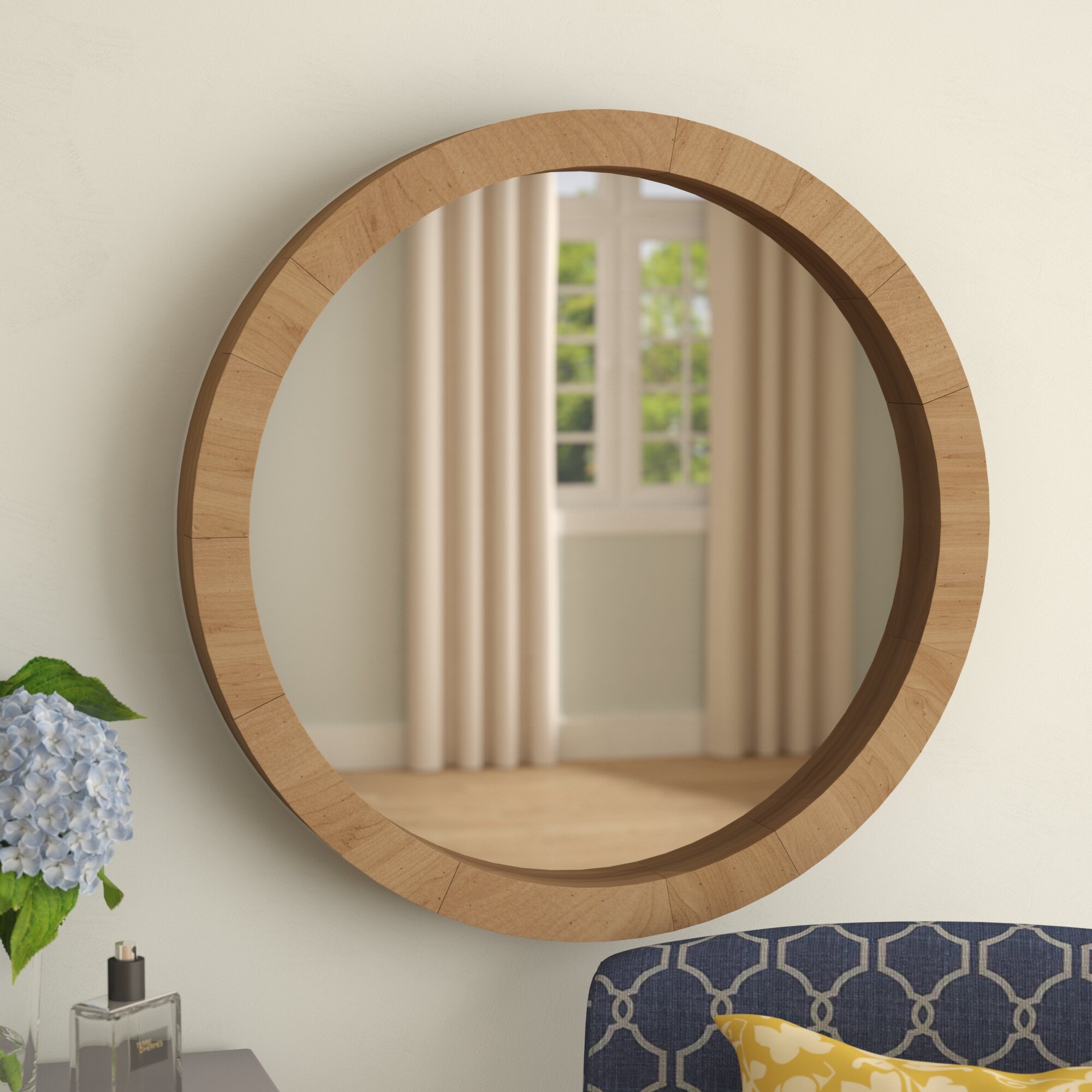 32cm Vintage Style Wooden Rustic Round Wall Mirror Home Decor Washed Brown 
