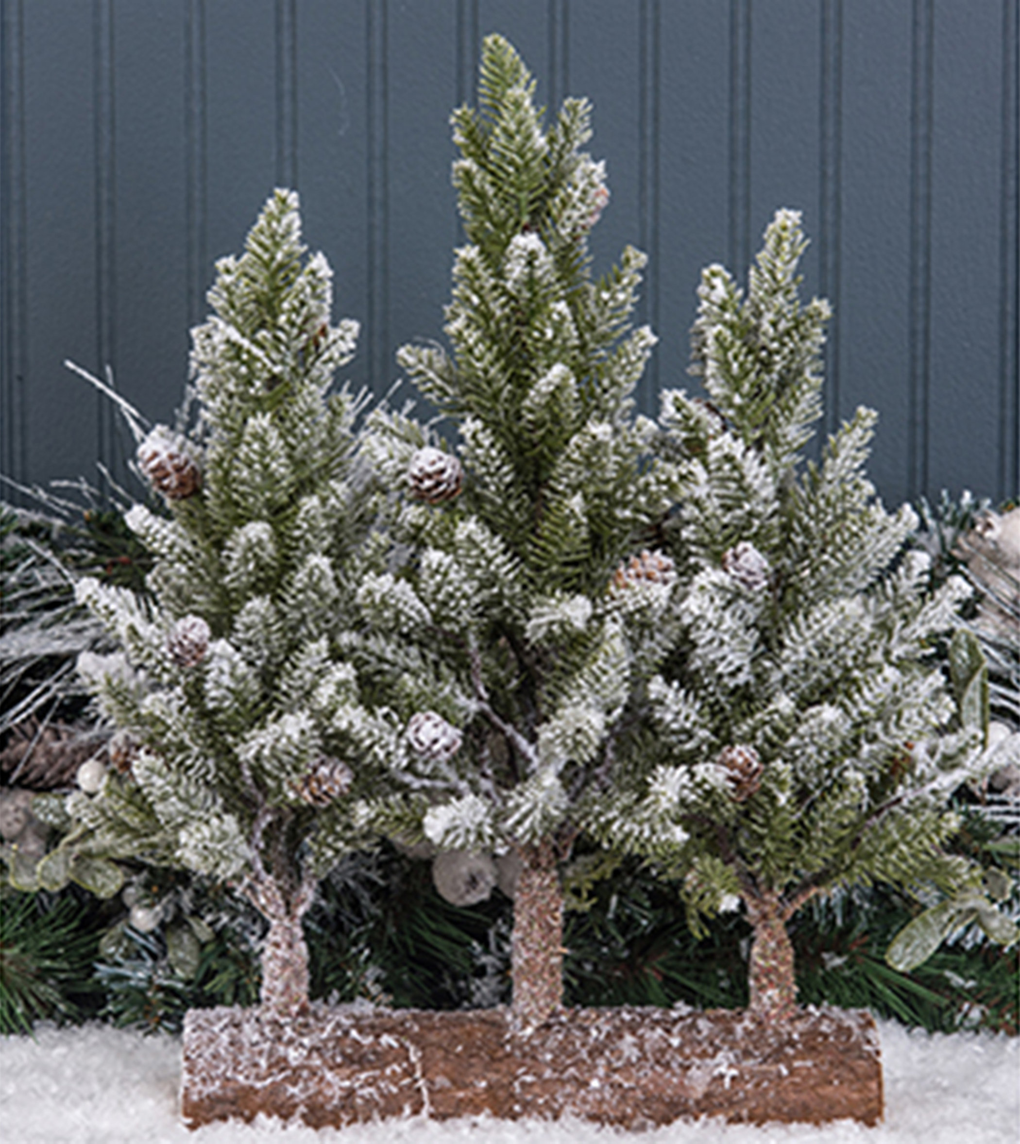 The Holiday Aisle® Flocked Artificial Pine Trees on Wood Base Wayfair