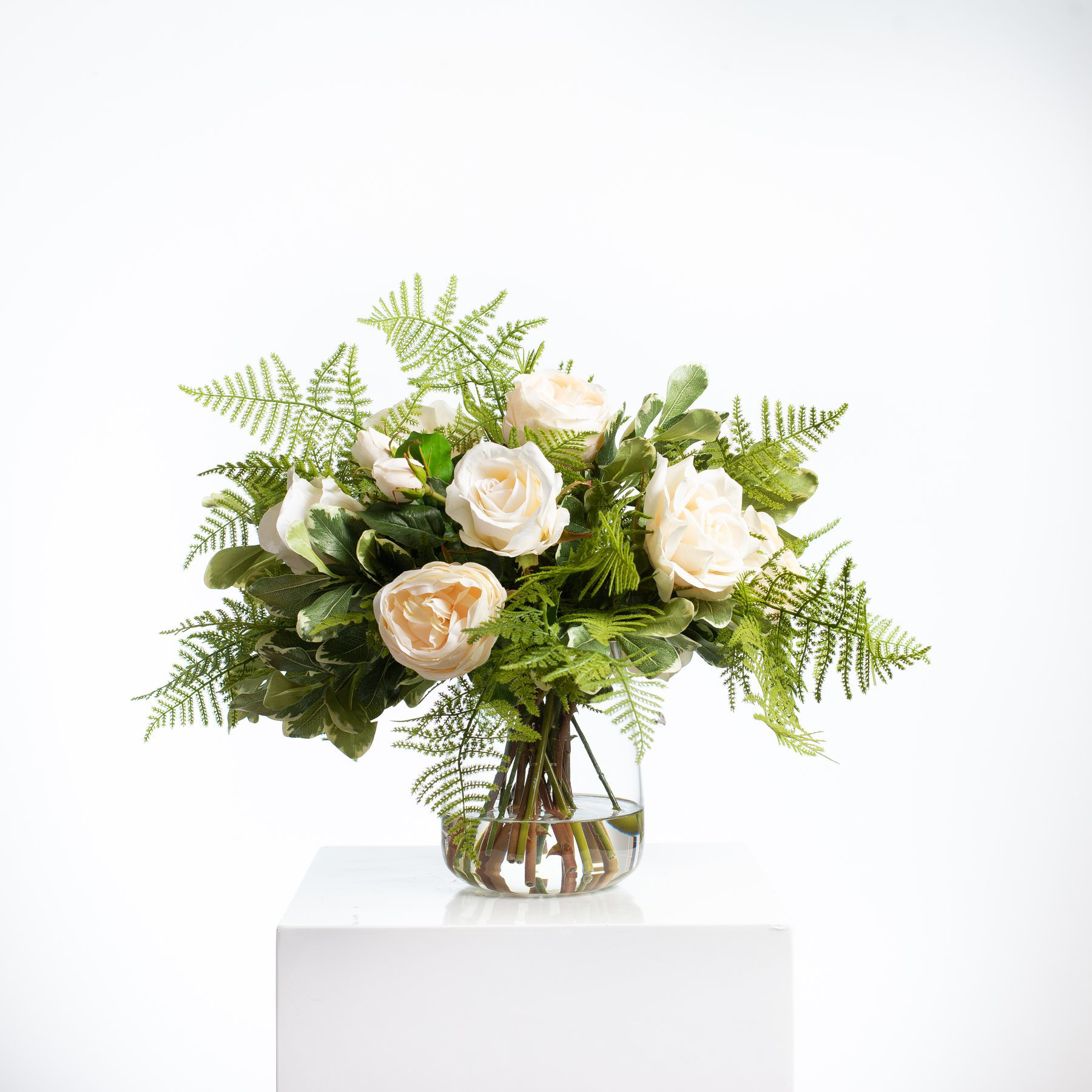 DarbyCreekTrading Cream Mixed Real Touch Roses With Pittosporum & Fern Centerpiece Water