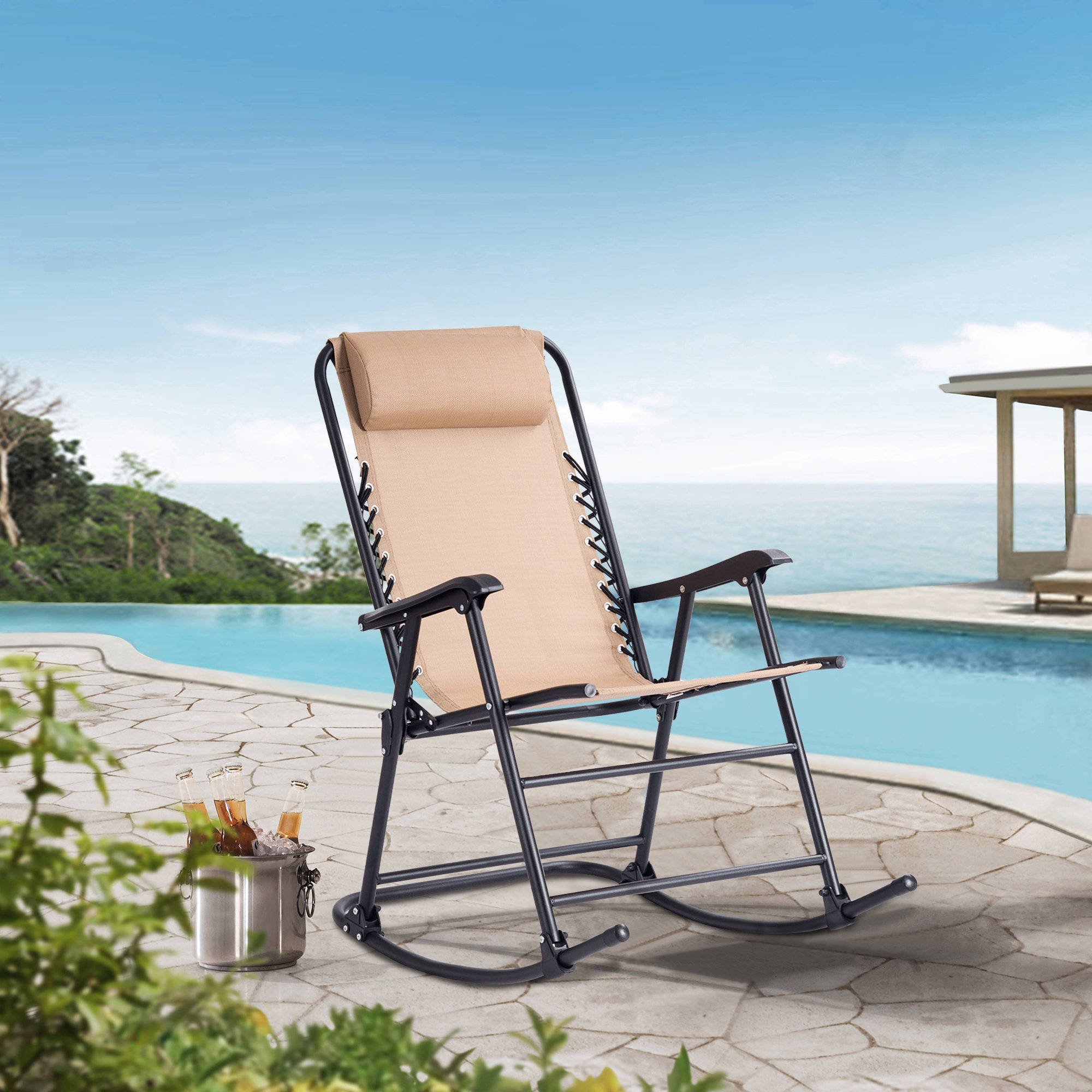 Arlmont & Co. Outdoor Patio Headrest Folding Zero Gravity Rocking Chair