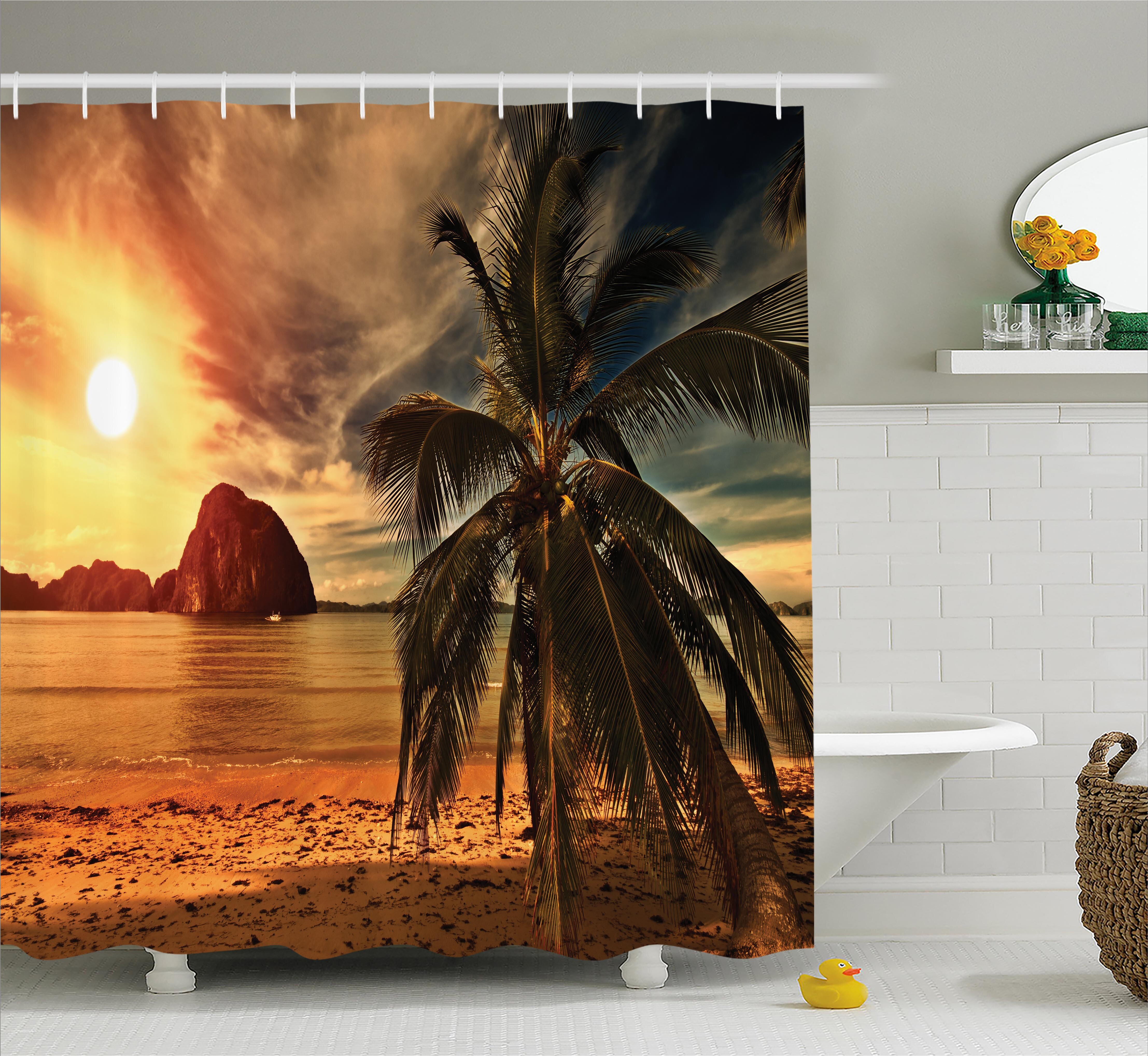 Tropical coconut tree sunset Shower Curtain Bathroom Decor Fabric & 12hooks 