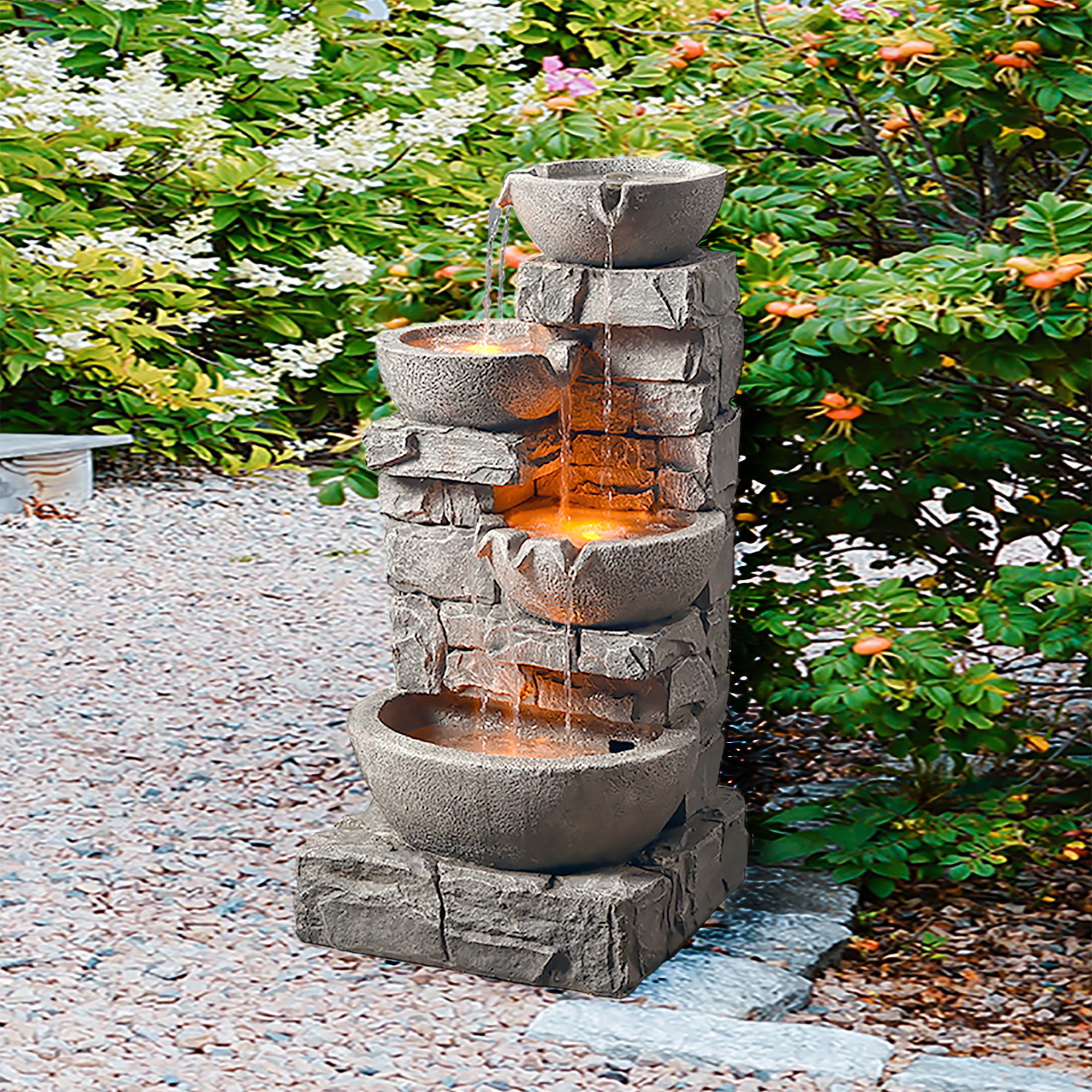 Outdoor Fountain with LED Lights Stacked Stone 3 Tiered Bowls Home Garden Ponds 