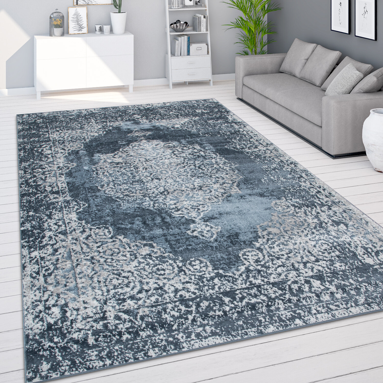 Super Soft Look Living Area Rug Shabby Short Pile Durable Carpet in Grey Blue 