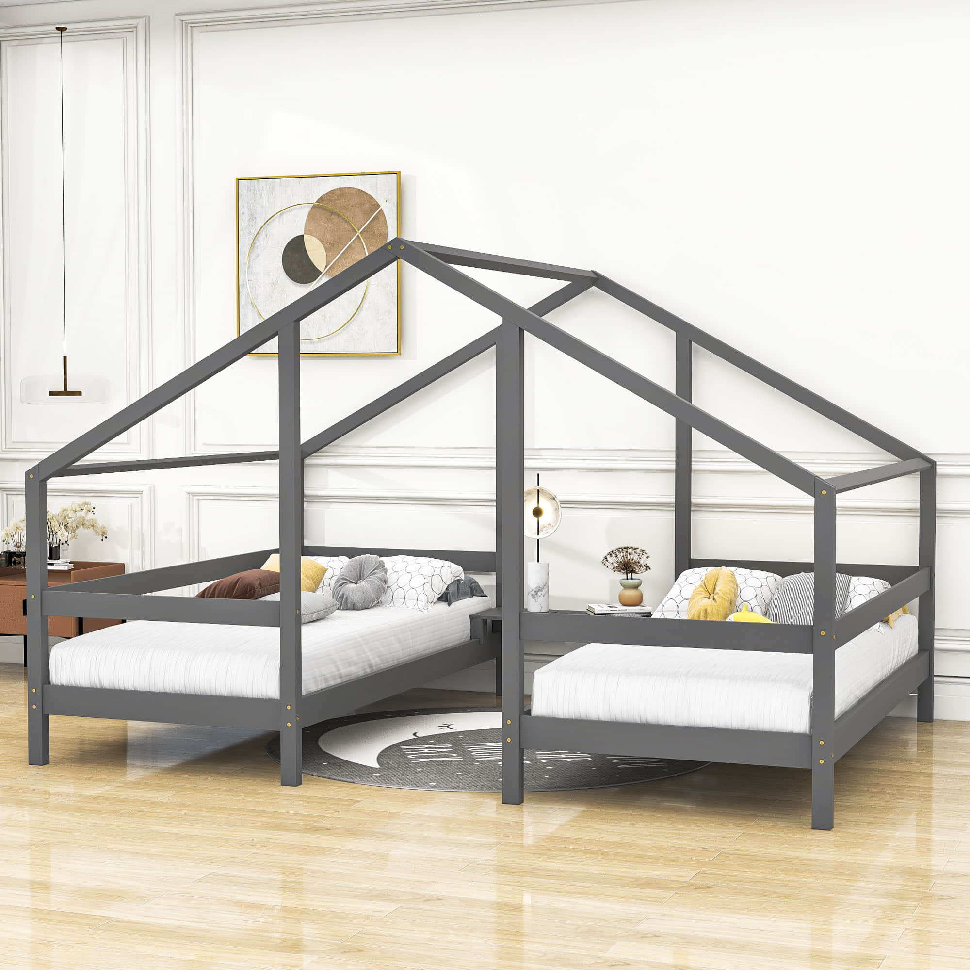 Gracie Oaks Louw Double Twin Size House Beds with Builtin Table Wayfair