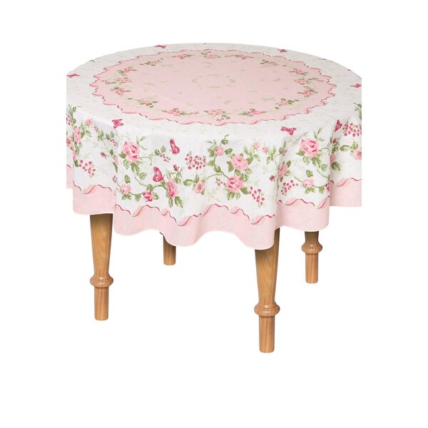 Round Pink and cream printed tablecloth with pink flowers white daisies-Square 