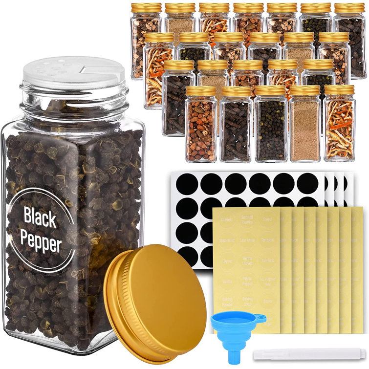 24 Pcs Glass Spice Jars, 4Oz Square Spice Bottles With 120 Spice Labels,  Spice Organizer With Shaker Lids And Airtight Gold Metal Caps, Silicone ...