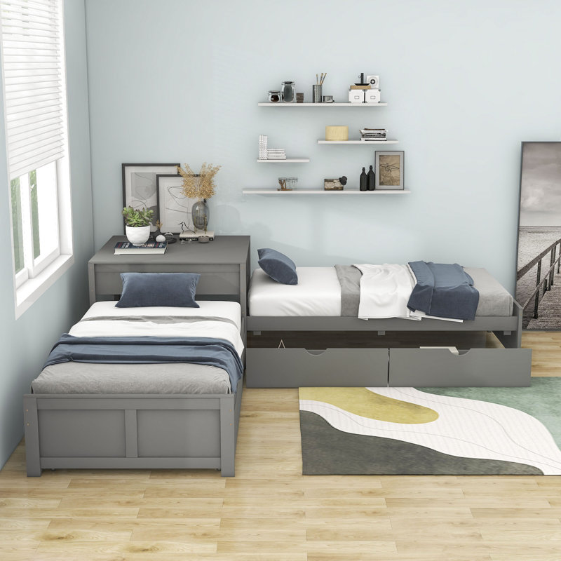 Latitude Run® Twin Size L-Shaped Platform Bed with Trundle and Two ...