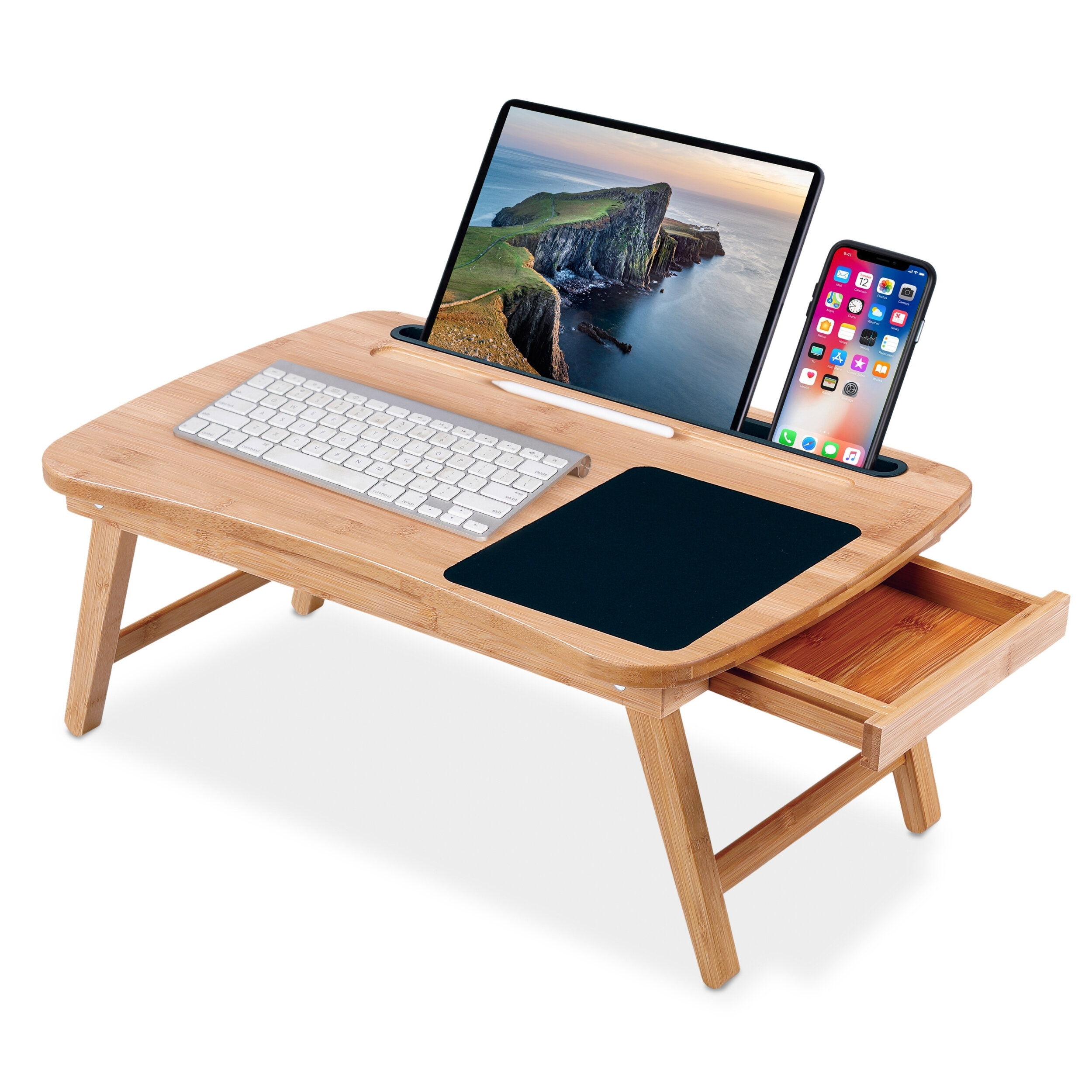 Work from Home Laptop Table for Sitting or Standing Bed Couch Chair Sofa Lap Tray Homework Student Floor BIRDROCK HOME Curved Lap Tray with Storage Drawer & Mouse Pad Walnut 