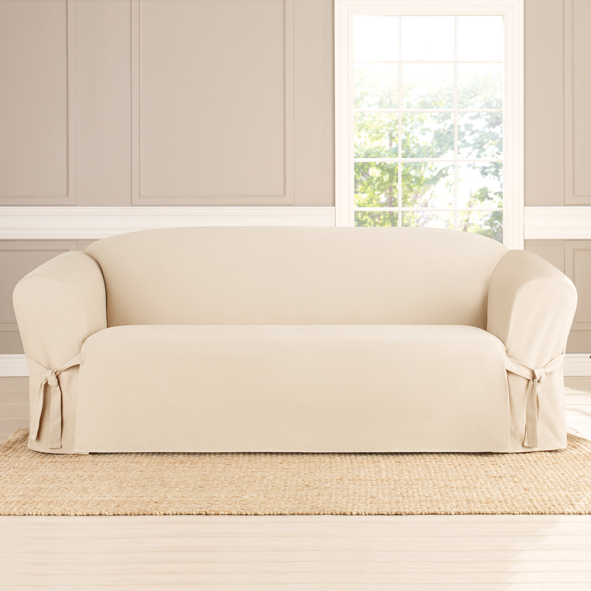 Natural Box-cushion Sofa Sure fit Cotton Duck One Piece Slipcover 