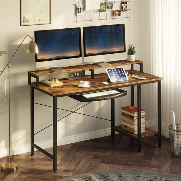 Compact Computer Desk with Pullout Keyboard Tray in Laminated Cherry Finish 