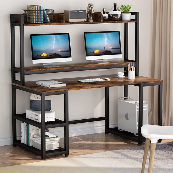 Brown Black 47/55'' Working Desk with Hutch Bookshelf Home Office Computer Table 