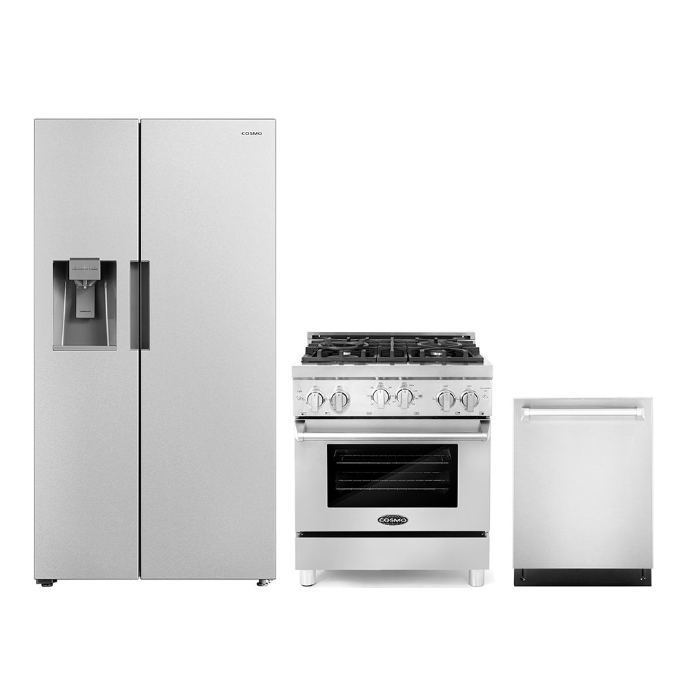 Cosmo 3 Piece Kitchen Appliance Package with Side By Side Refrigerator