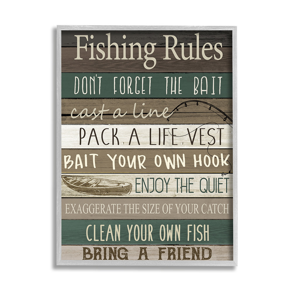 Loon Peak® Rustic Fishing Rules Sign Brown Green Beige by Kim Allen Graphic Art Wayfair