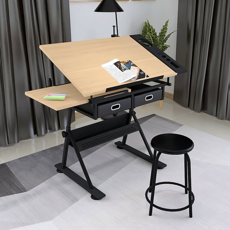 Writing Art Craft Work Station WSDJ Height Adjustable Draft Desk Drawing Table Desk Tiltable Tabletop w/Stool and Storage Drawer for Reading