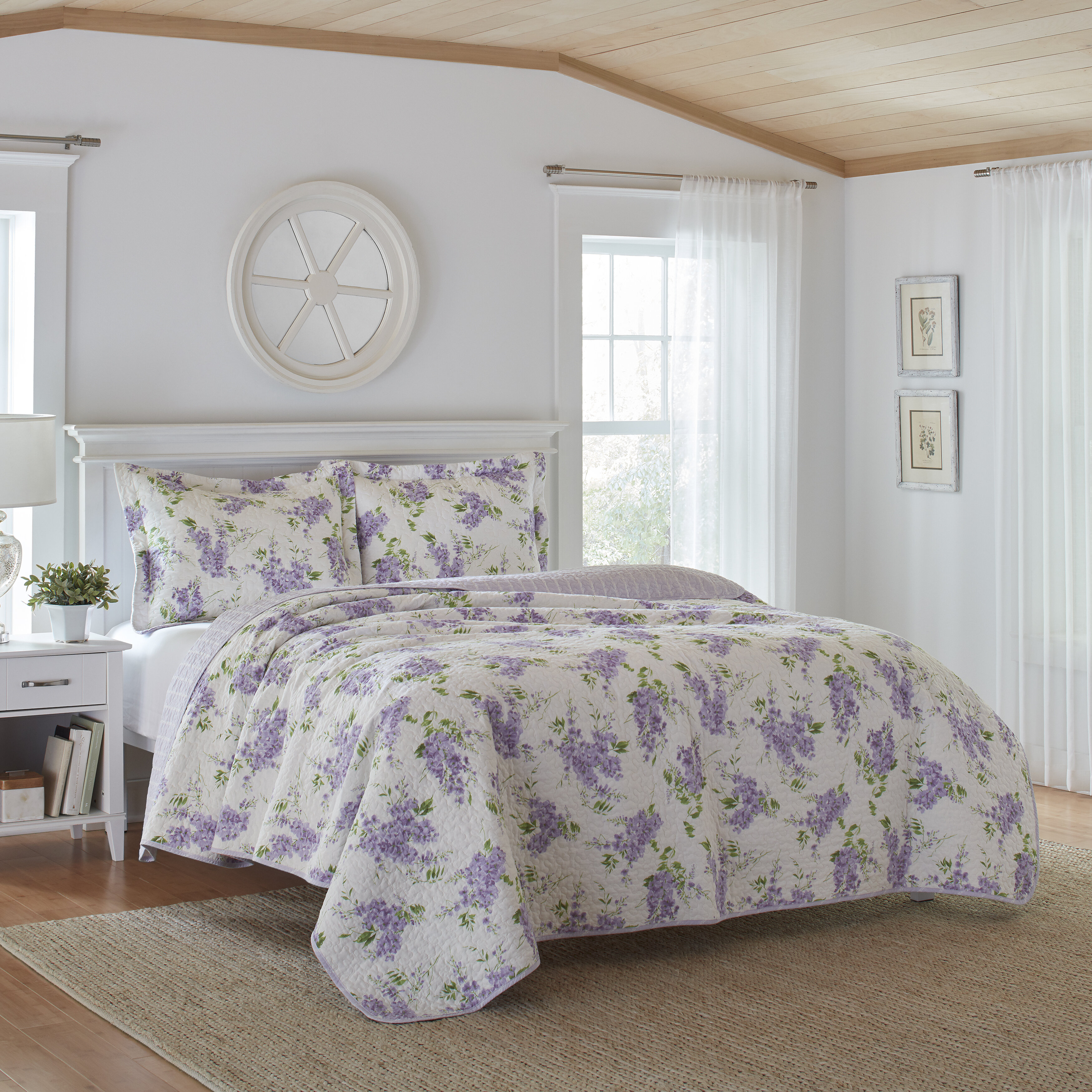 Laura Ashley Keighley Purple/White Floral 100% Cotton Reversible Quilt Set  & Reviews | Wayfair