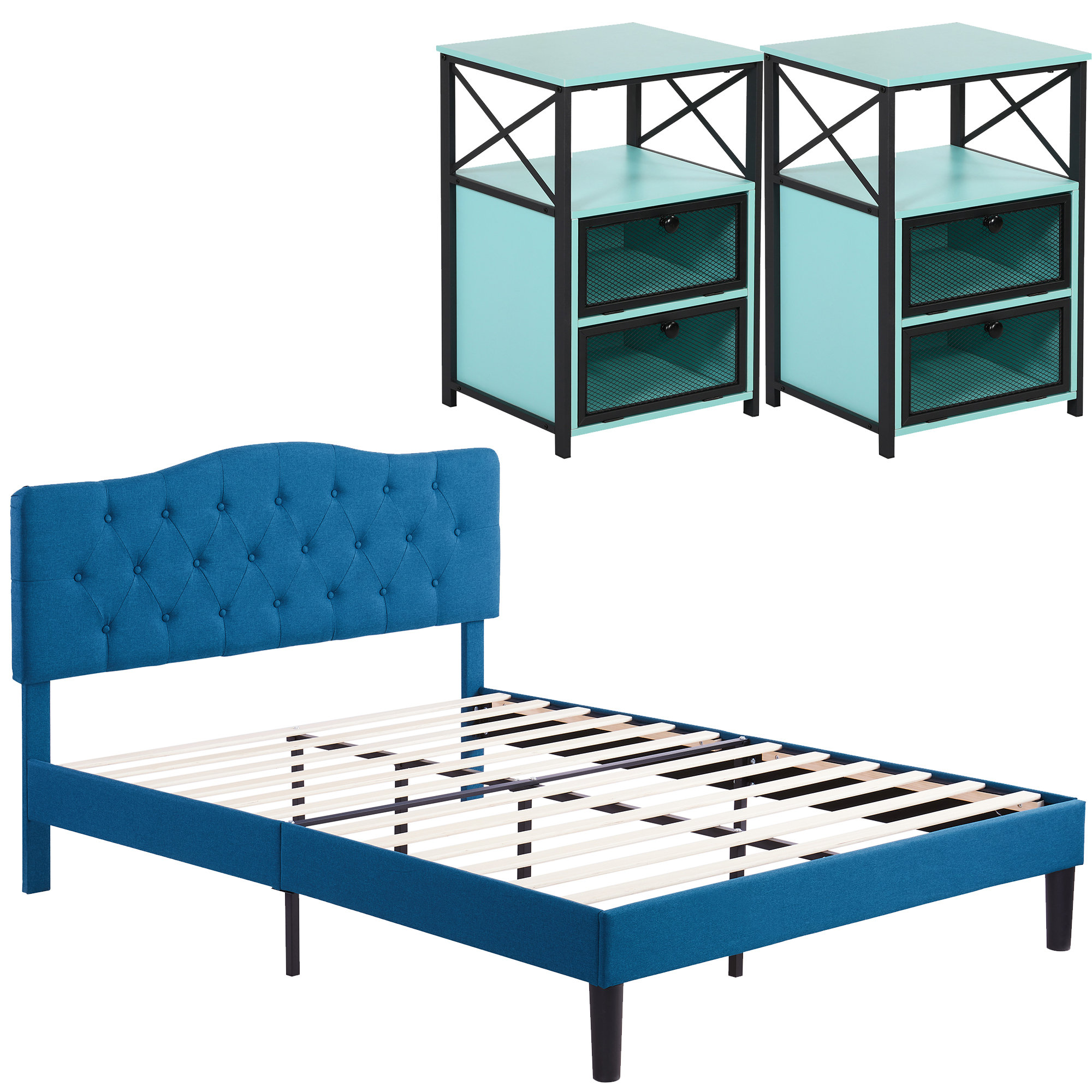 Vecelo 3 Pieces Upholstery Bedroom Set Platform Bed With Fabric