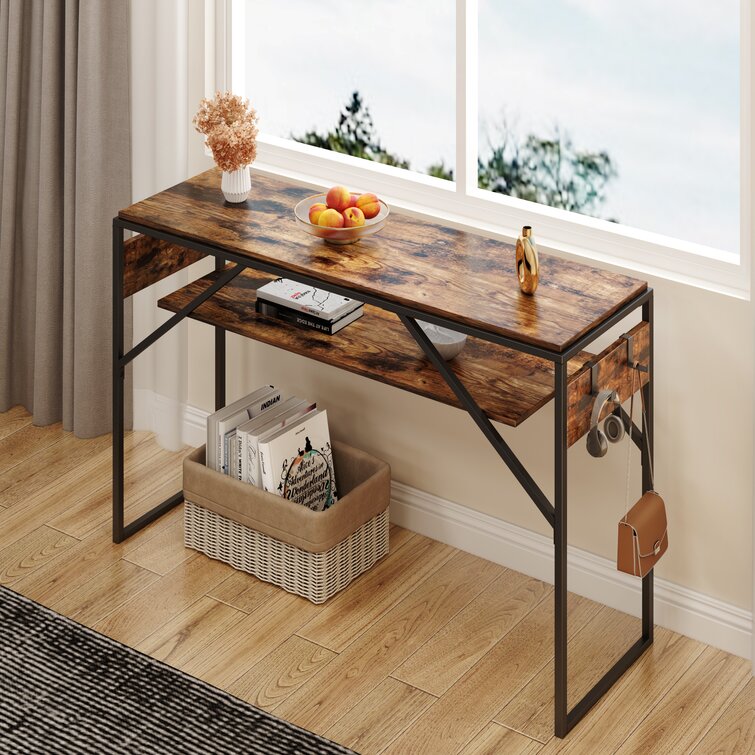 Narrow X Metal Rack Entry Table with Storage Shelf Vintage Console Stable Sofa Table for Living Room Bedroom Hallway Balcony with Metal Frame Rustic Brown