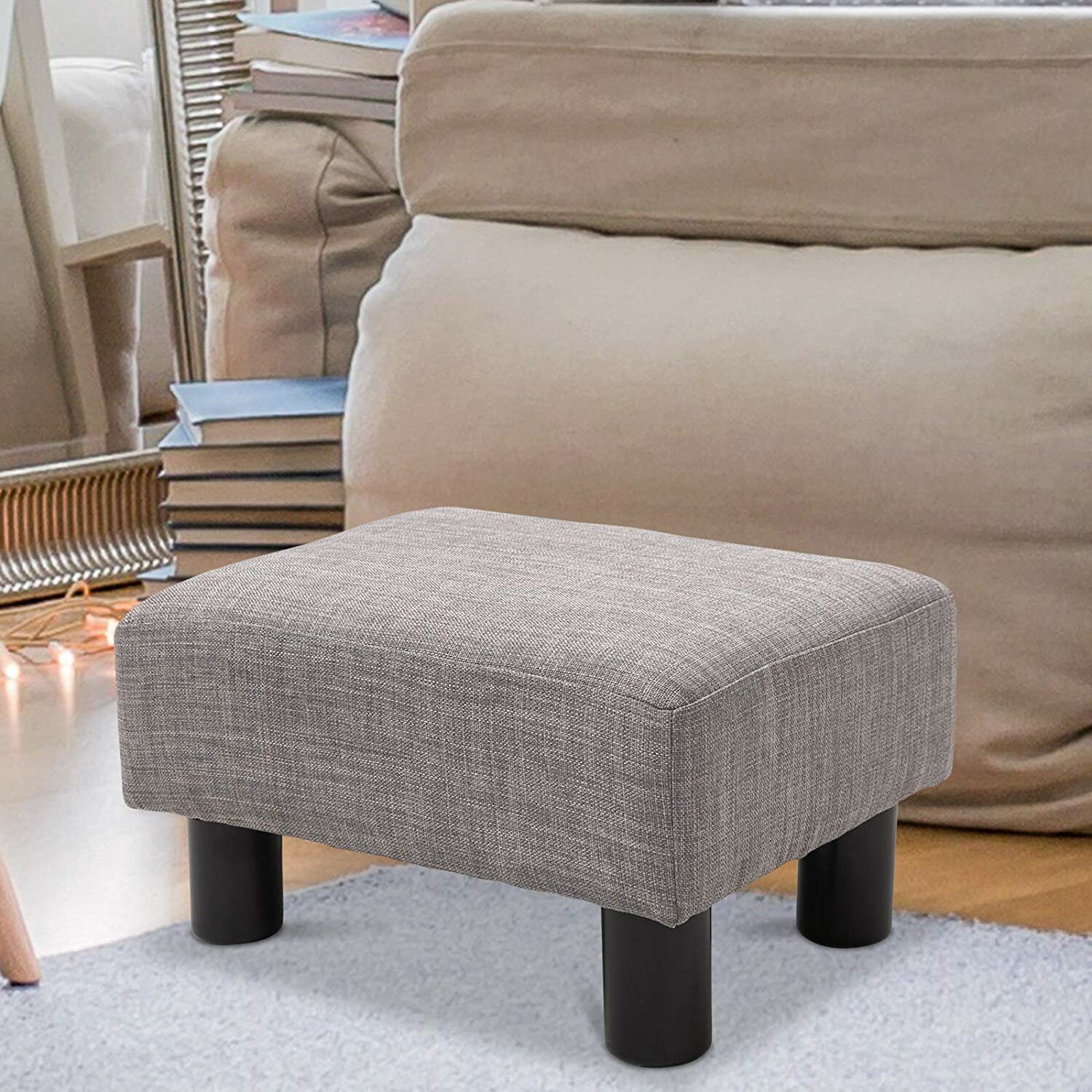 LARGE FOOTSTOOL FLAT TOP with deep buttoned border Linen Upholstery Fabric 