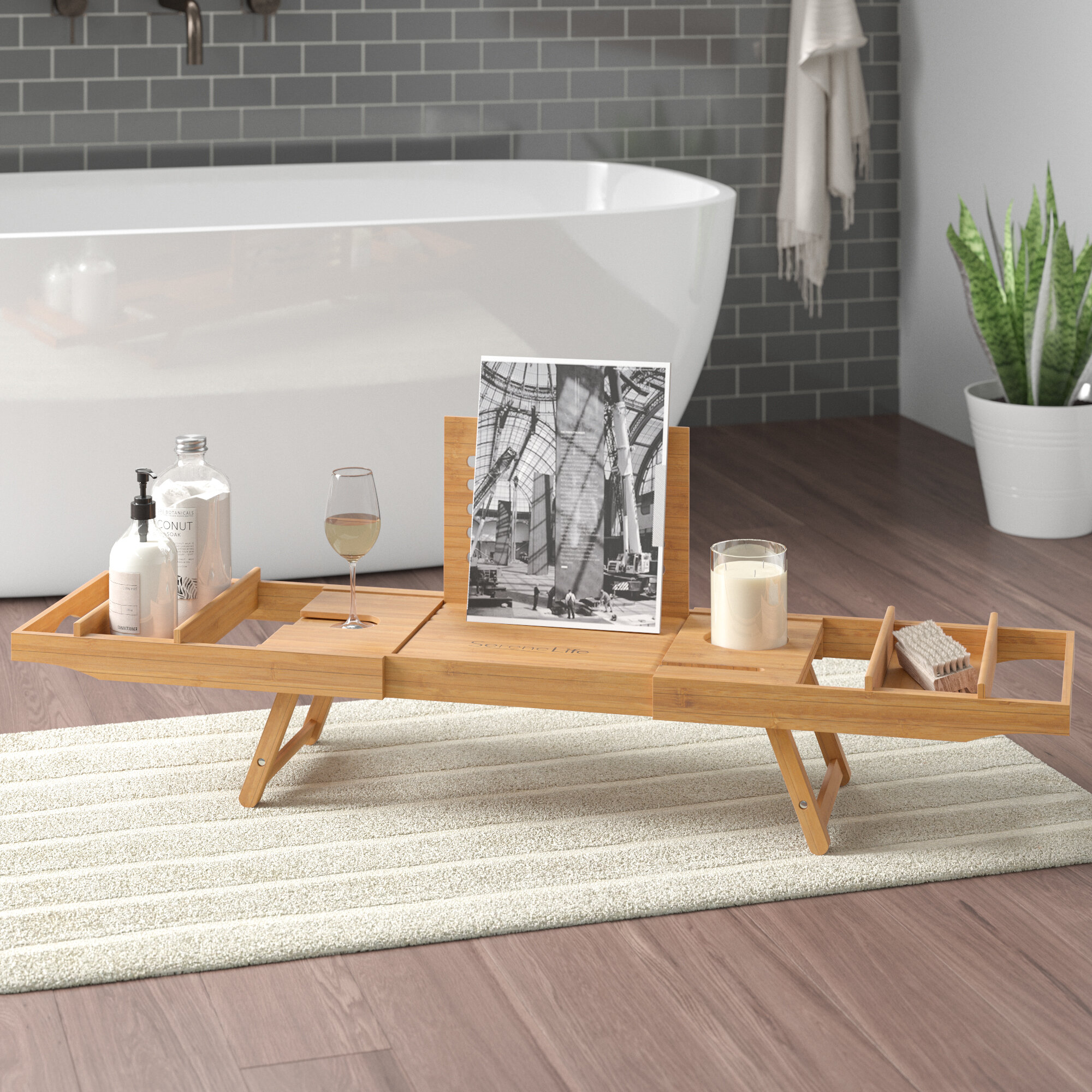 WELTRXE Extendable Bath Caddy Tray Natural Bamboo Bathtub Shelf Adjustable Bathtub Table Bath Tub Rack Board with Build-in Holder for Wine Glass,Tablet,Phone,Book,Hotel 
