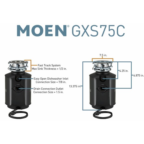 Moen GXB75C GX Series Batch Feed 3/4 hp Garbage Disposal 