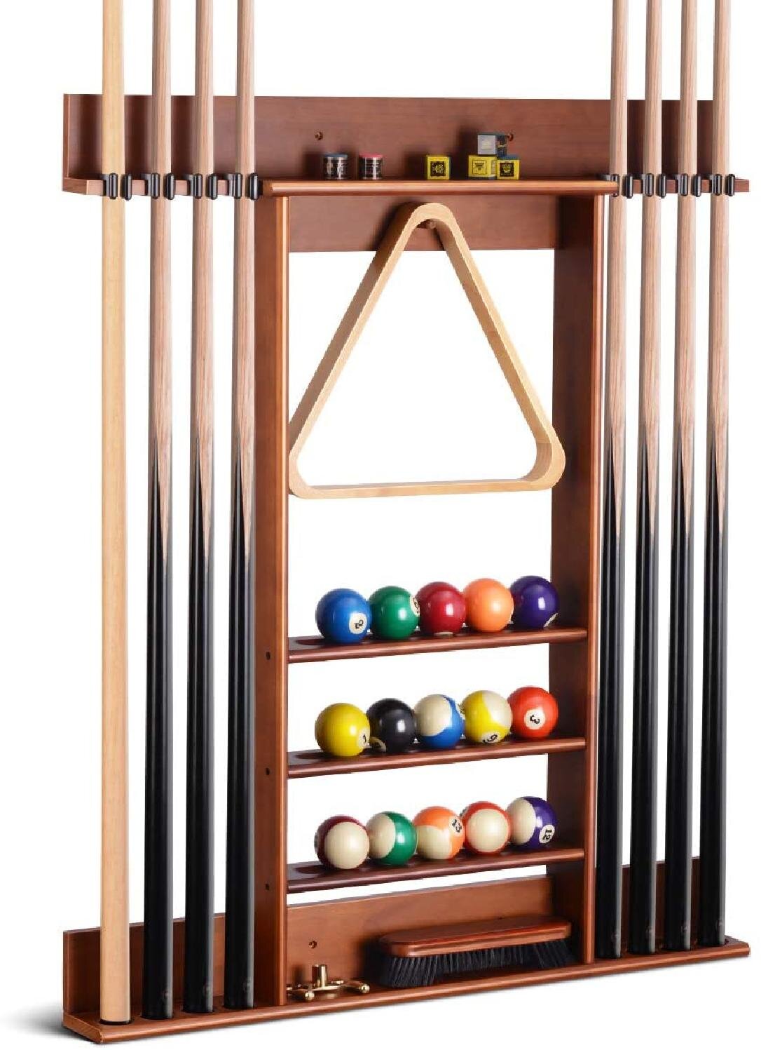 3-Piece Set MyGift Wall Mounted Dark Brown Wood Pool Cue Stick Holder Rack for 6 Cues with Billiard Ball Storage Shelf 