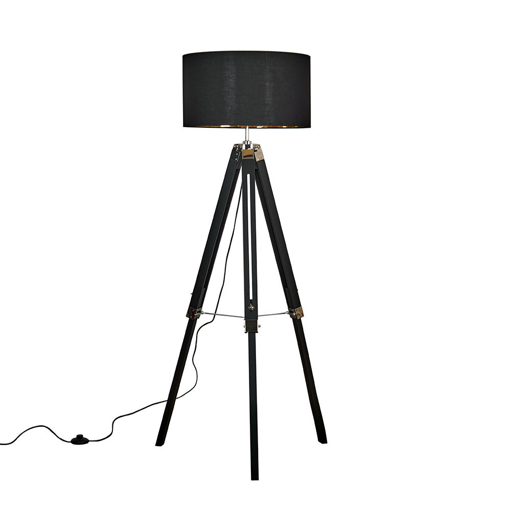 Metro Lane Floor Lamp Tripod Black Wood/Chrome Light With Black Drum