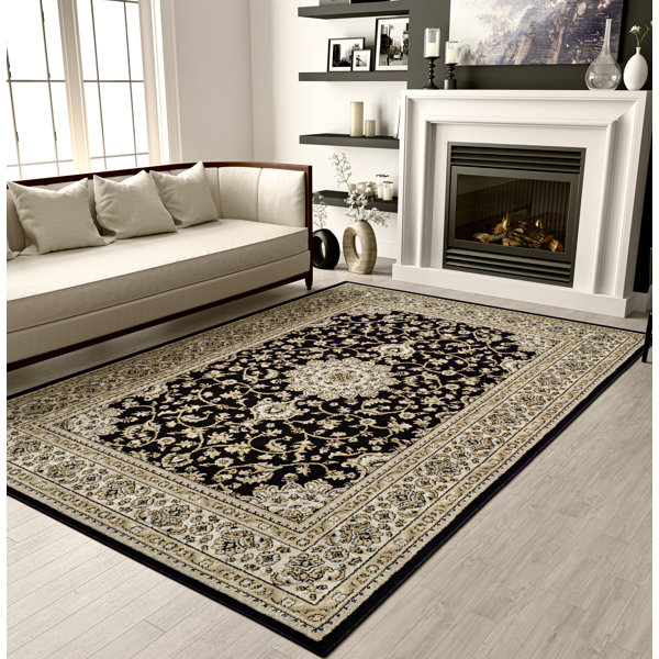 Black Oriental Rug Thick Soft Beige Floral Traditional Pattern X Large Small Mat 