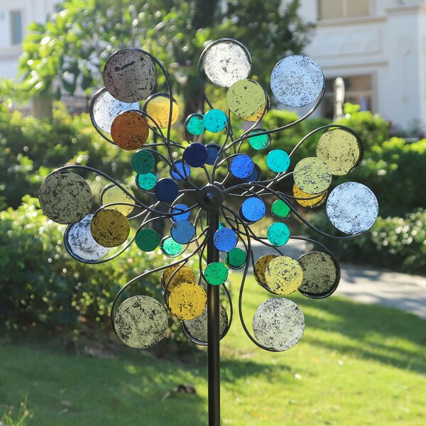 Solar Metallic 2 Tier Wind Spinner Stake w Glass Balls Outdoor Yard Garden Decor 