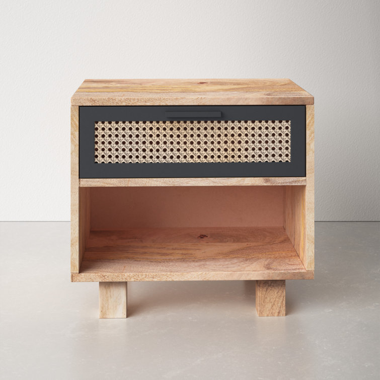 Scandinavian Inspired Mango Wood & Woven Cane Nightstand with Drawer