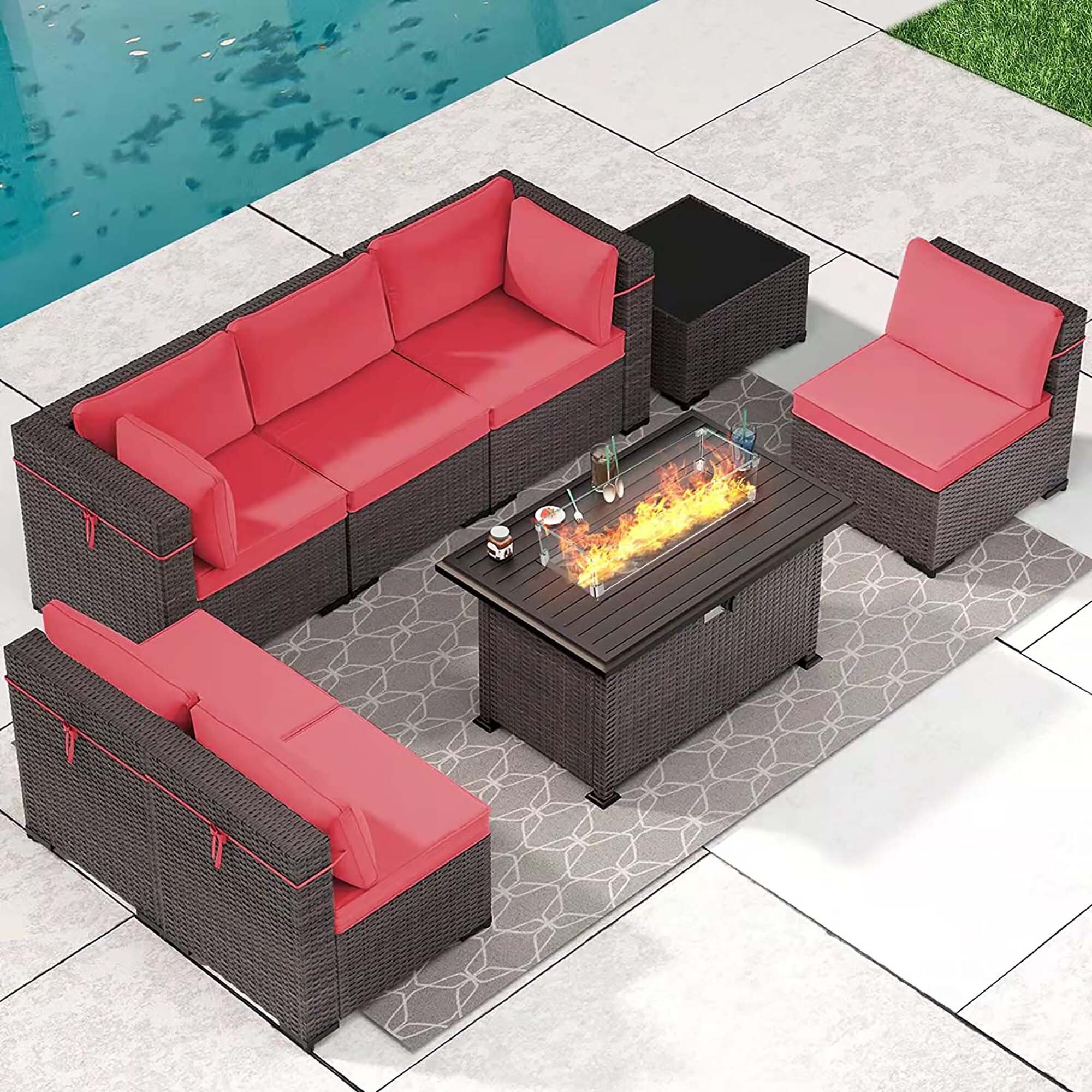 8 Pieces Outdoor Furniture Set Patio Sectional Sofa w/43in Propane Fire Pit PE Wicker Rattan Patio Conversation Sets Dark Blue ASJMR Outdoor Patio Furniture Set with Gas Fire Pit Table 