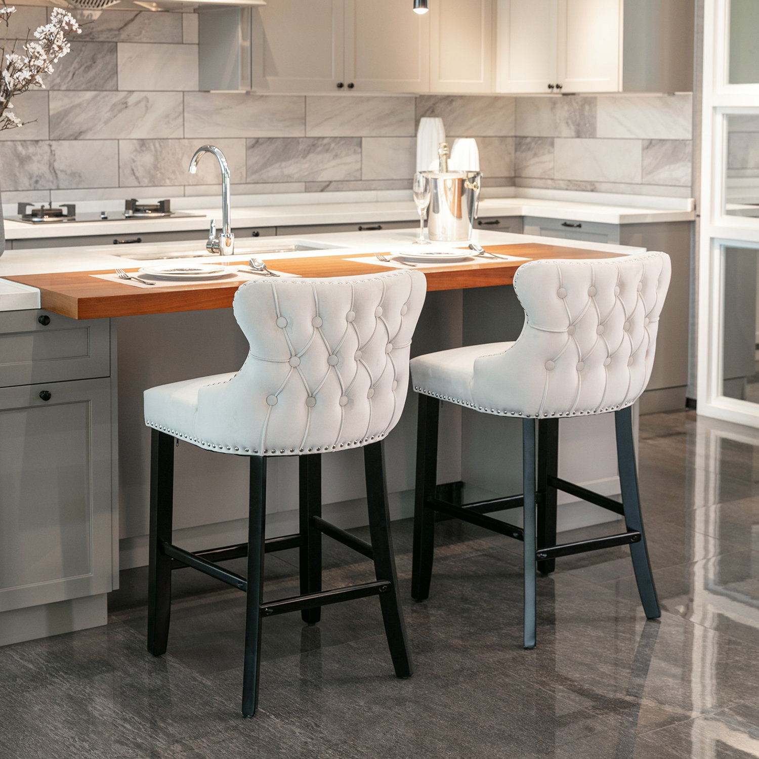 Amouttel Velvet Upholstered Barstools With Button Tufted Bar Stools