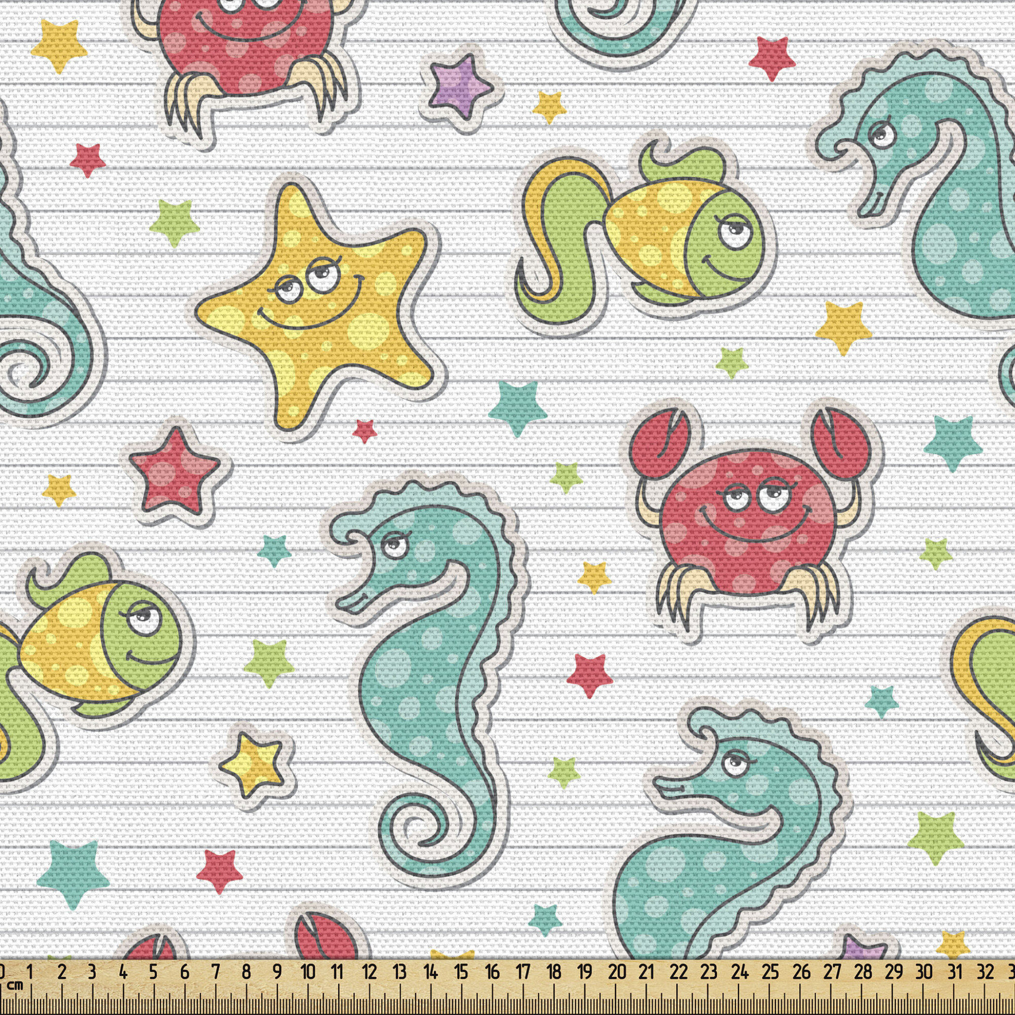 East Urban Home fab_44126_Ambesonne Cartoon Fabric By The Yard, Sea  Creatures With Seahorse Crabs Fish Aqua Drawing Style, Decorative Fabric  For Upholstery And Home Accents, Teal Mustard Dark Coral | Wayfair