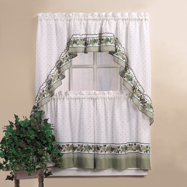 Strawberry Vine Embroidery Kitchen Curtain with Swag and Tier Set 36 in Red 