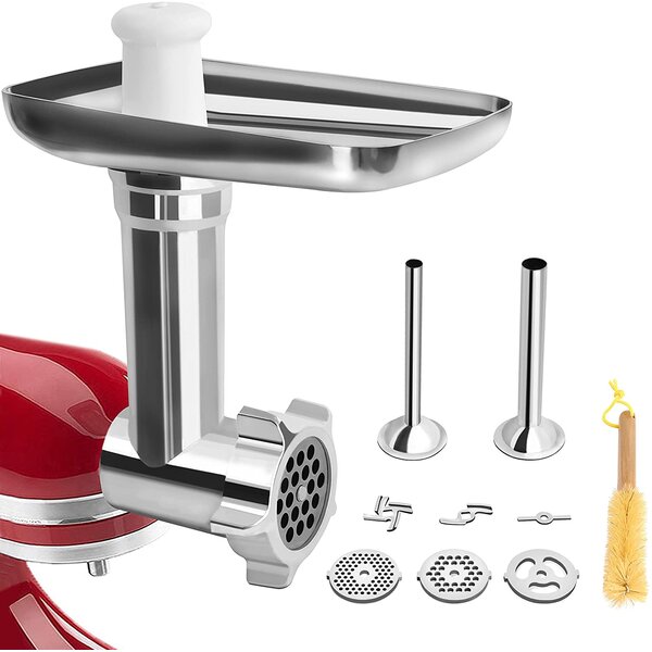 Meat Grinder for Kitchenaid Stand Mixers Sausage Stuffer and Cleaning Brush White Suitable for Cutting Cheese Including 3 Grinding Plates Meat Veg Meat Roller Meat Grinder Attachment 