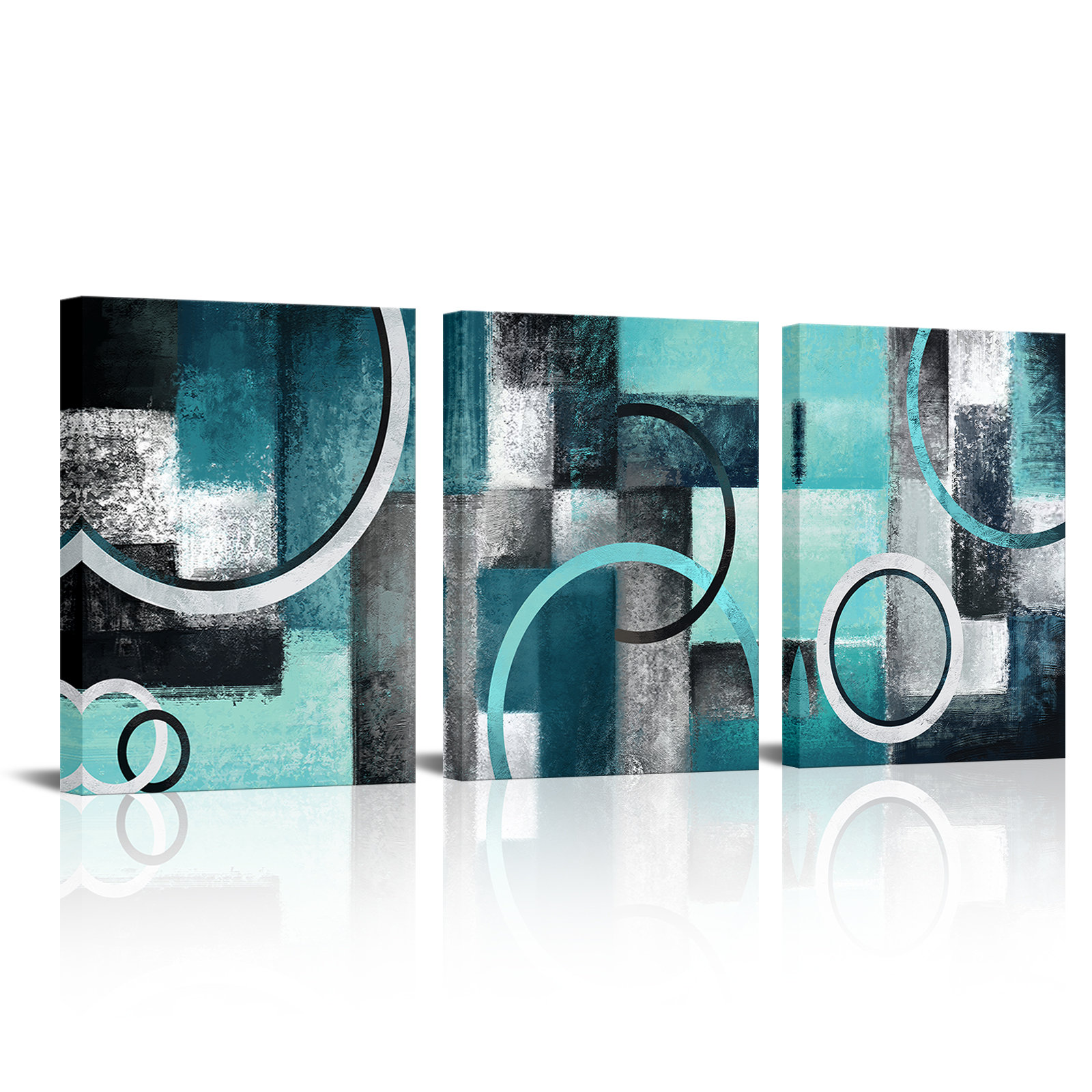 Wrought Studio Teal and Grey Abstract Geometric Circle Canvas Wall Art