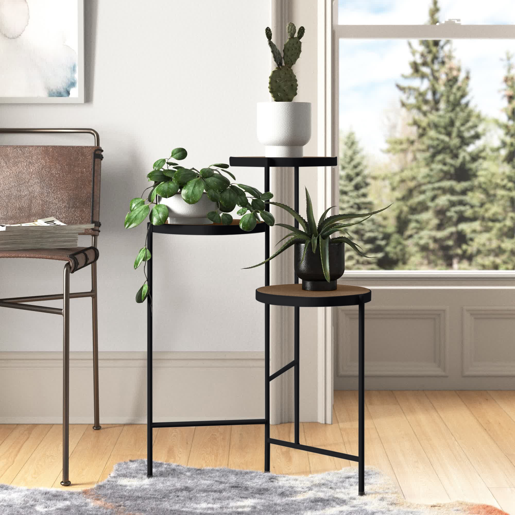 Black Wrought Iron Metal Plant Stand Holds 3 Flower Pot Indoor Outdoor Elegant 
