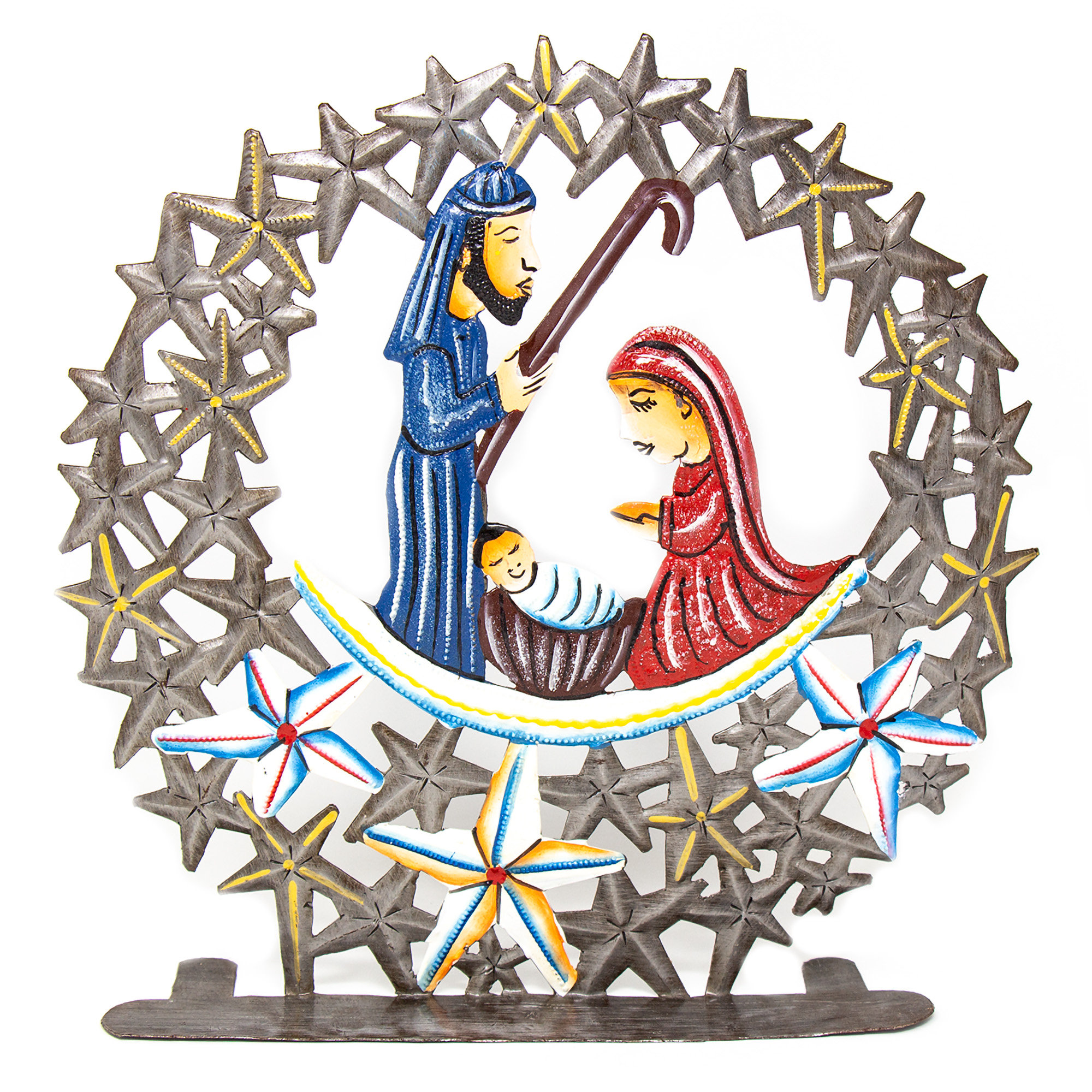 The Holiday Aisle® Tabletop Nativity Encased In Stars, Haitian Metal Drum Art on Wayfair