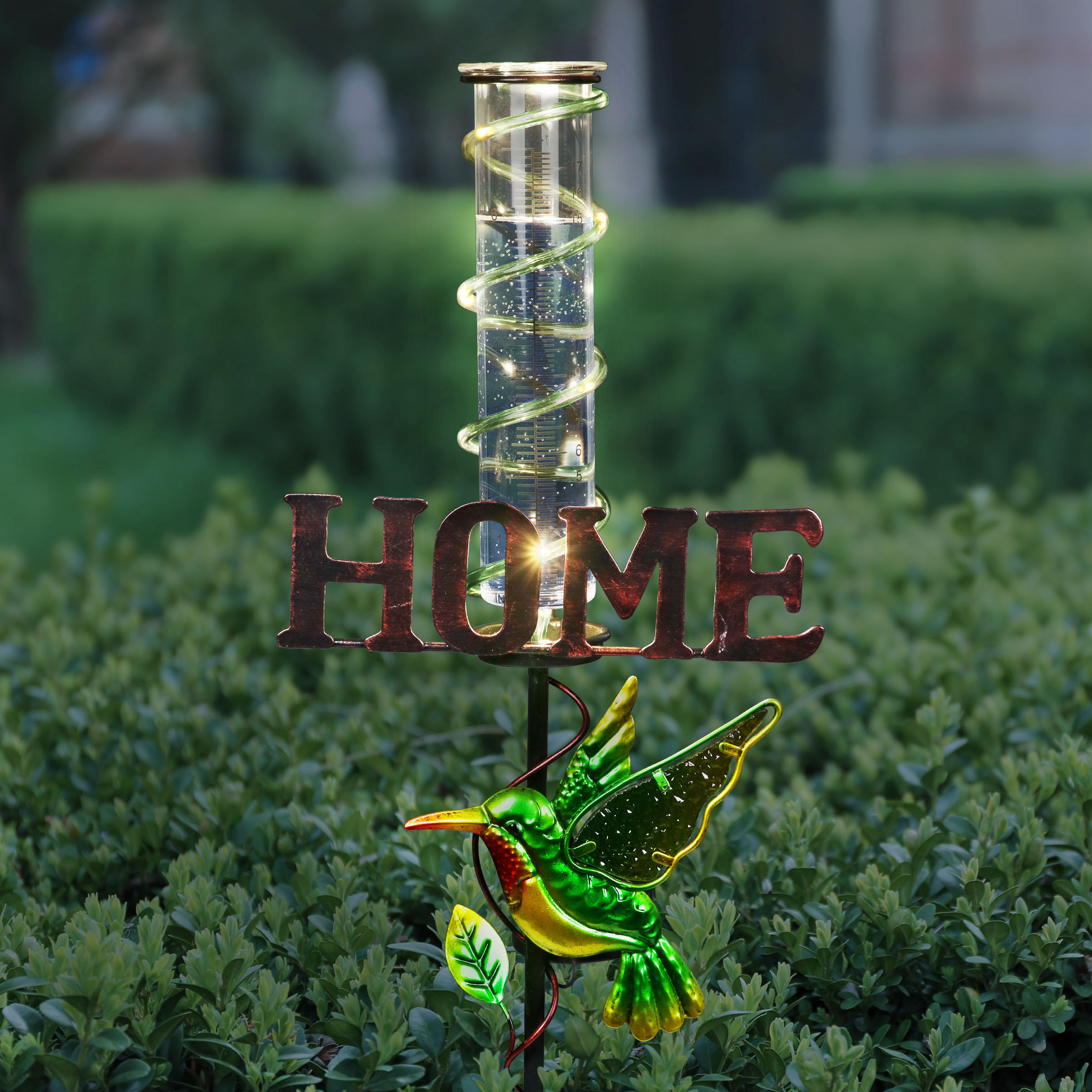 Exhart Solar Hummingbird Rain Gauge Garden Stake Reads HOME, 12.5 by 31