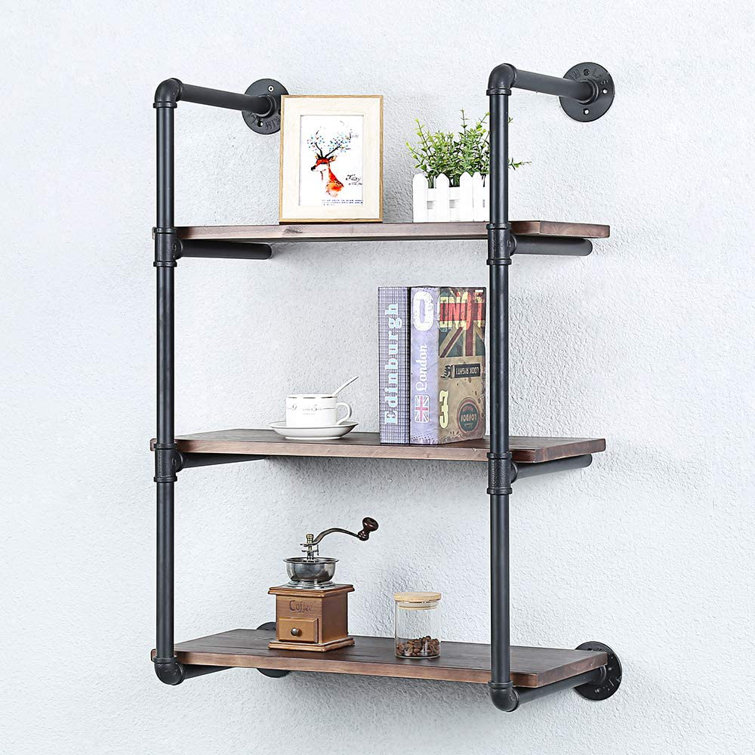 Industrial Pipe Shelving Wall Mounted,Rustic Metal Floating  Shelves,Steampunk Real Wood Book Shelves,Wall Shelf Unit Bookshelf Hanging  Wall ...
