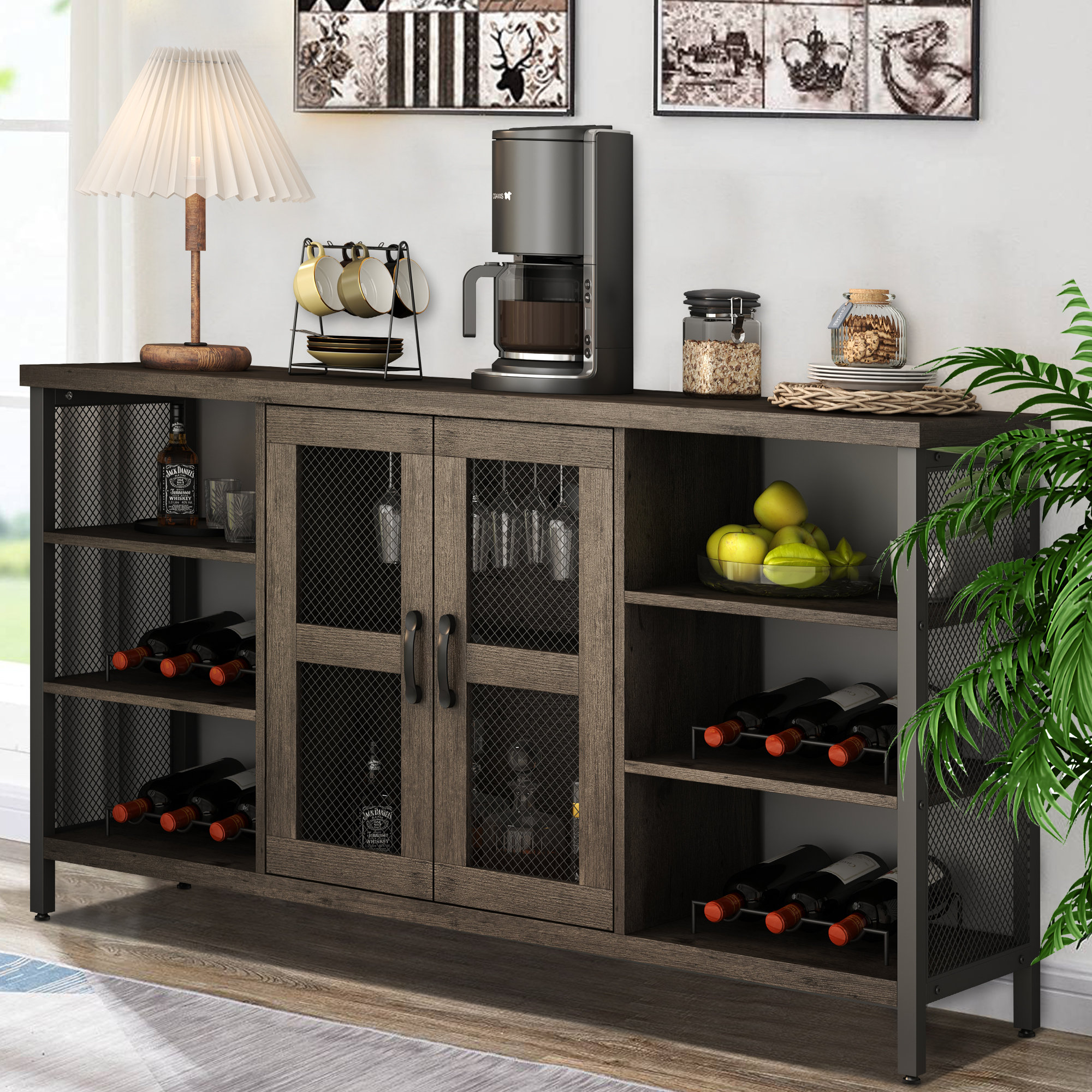 17 Stories Rathgunde 55"W Farmhouse Wine Bar for Liquor & Glasses, Wood Sideboard with